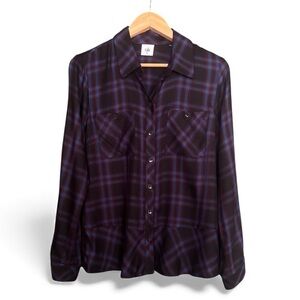 Cabi Moody Plaid Peplum Button Front Blouse Top Size M Red Blue Check Shirt